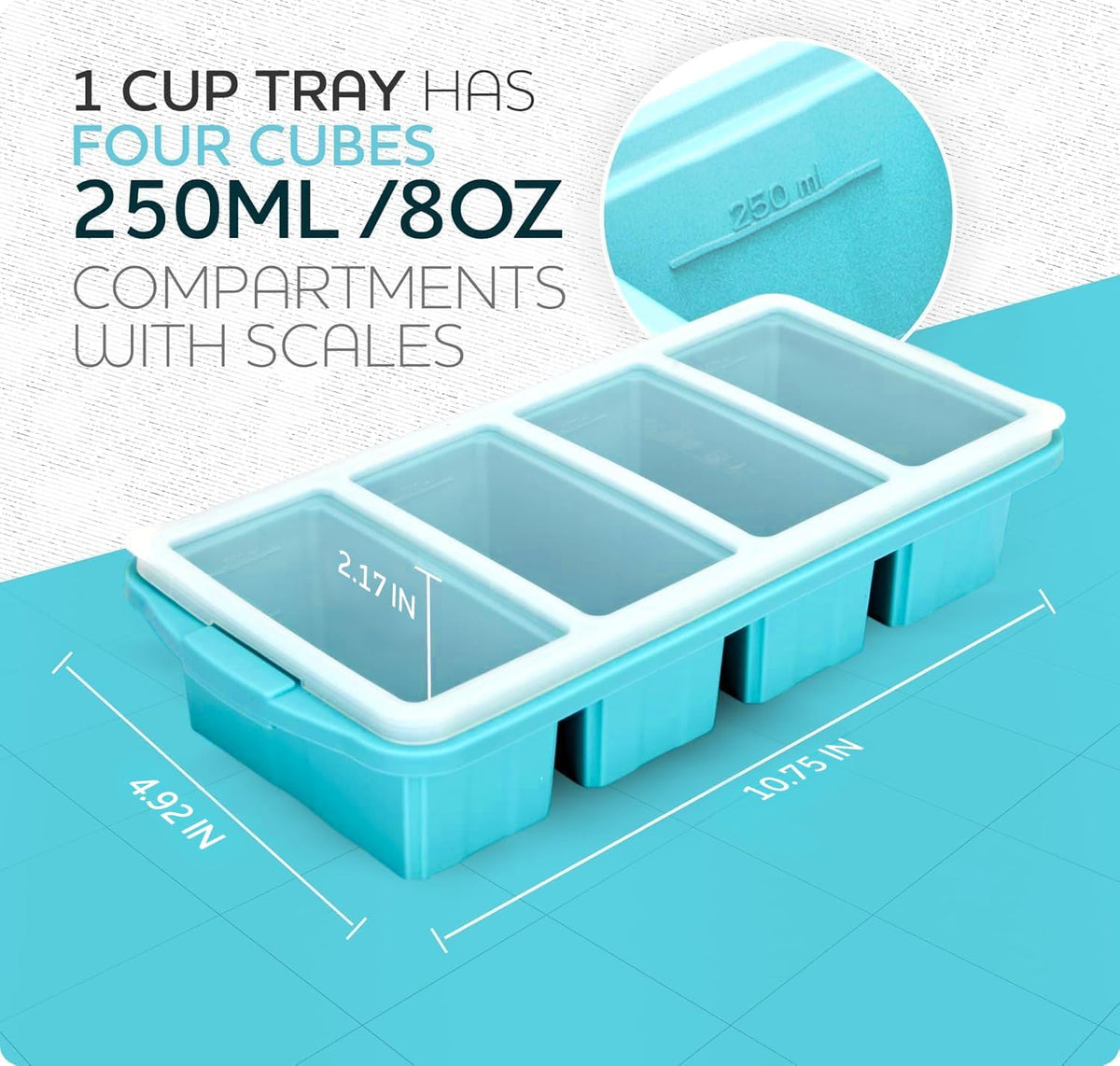 Silicone Freezer Tray With Lid - Soup Freezer Container molds - Large Ice Cube Tray- makes 8 perfect 1 cup portions cubes, 2-Pack Freezer Storage Food Soups & Meal Prep - Oven & Dishwasher -Safe