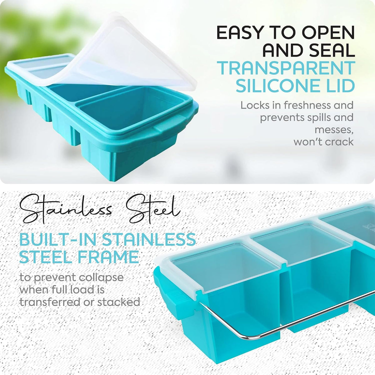 Silicone Freezer Tray With Lid - Soup Freezer Container molds - Large Ice Cube Tray- makes 8 perfect 1 cup portions cubes, 2-Pack Freezer Storage Food Soups & Meal Prep - Oven & Dishwasher -Safe