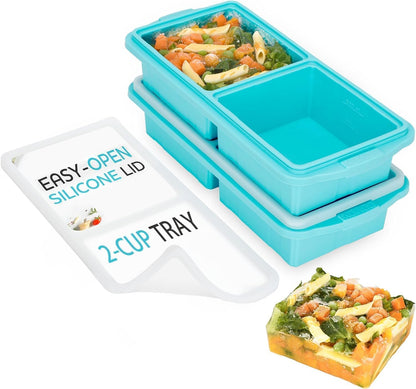 Silicone Freezer Tray With Lid - Soup Freezer Container molds - Large Ice Cube Tray- makes 8 perfect 1 cup portions cubes, 2-Pack Freezer Storage Food Soups & Meal Prep - Oven & Dishwasher -Safe