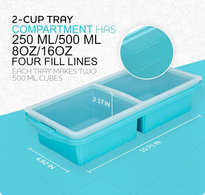 Silicone Freezer Tray With Lid - Soup Freezer Container molds - Large Ice Cube Tray- makes 8 perfect 1 cup portions cubes, 2-Pack Freezer Storage Food Soups & Meal Prep - Oven & Dishwasher -Safe