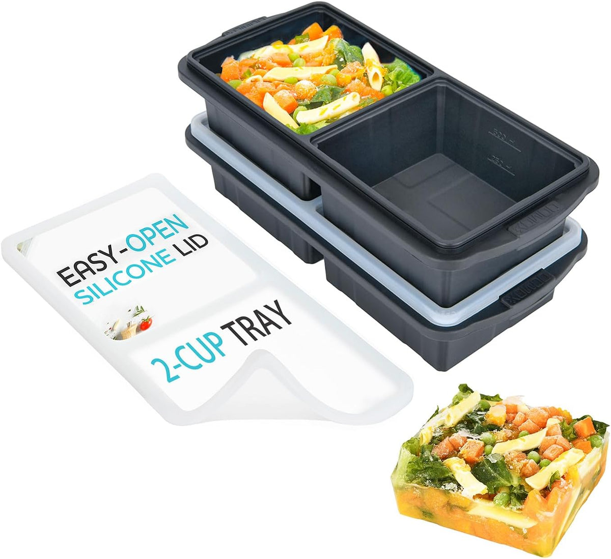 Silicone Freezer Tray With Lid - Soup Freezer Container molds - Large Ice Cube Tray- makes 8 perfect 1 cup portions cubes, 2-Pack Freezer Storage Food Soups & Meal Prep - Oven & Dishwasher -Safe
