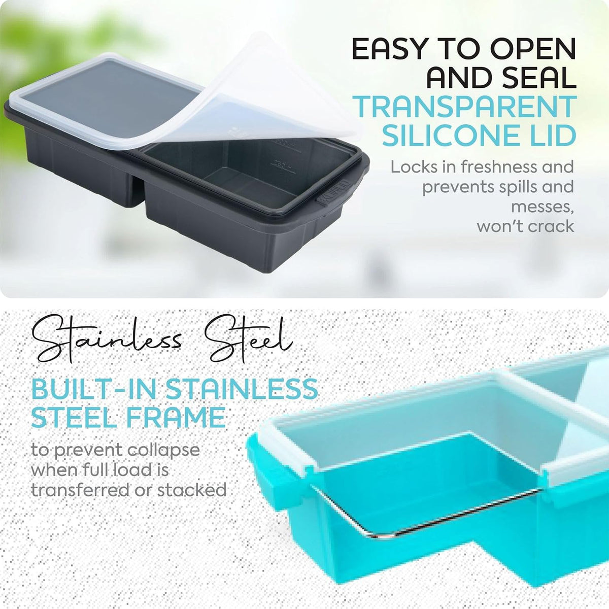 Silicone Freezer Tray With Lid - Soup Freezer Container molds - Large Ice Cube Tray- makes 8 perfect 1 cup portions cubes, 2-Pack Freezer Storage Food Soups & Meal Prep - Oven & Dishwasher -Safe