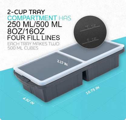 Silicone Freezer Tray With Lid - Soup Freezer Container molds - Large Ice Cube Tray- makes 8 perfect 1 cup portions cubes, 2-Pack Freezer Storage Food Soups & Meal Prep - Oven & Dishwasher -Safe