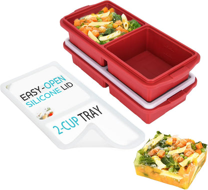 Silicone Freezer Tray With Lid - Soup Freezer Container molds - Large Ice Cube Tray- makes 8 perfect 1 cup portions cubes, 2-Pack Freezer Storage Food Soups & Meal Prep - Oven & Dishwasher -Safe