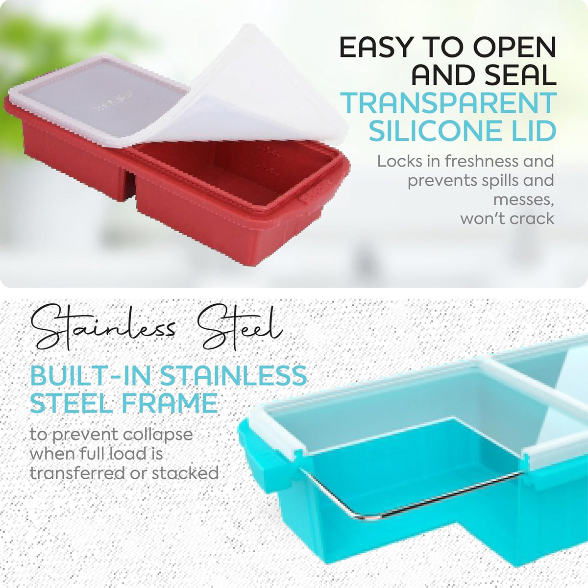 Silicone Freezer Tray With Lid - Soup Freezer Container molds - Large Ice Cube Tray- makes 8 perfect 1 cup portions cubes, 2-Pack Freezer Storage Food Soups & Meal Prep - Oven & Dishwasher -Safe