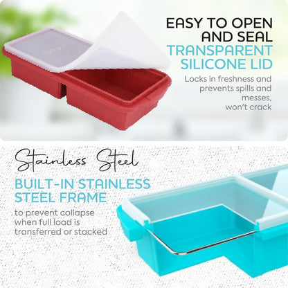 Silicone Freezer Tray With Lid - Soup Freezer Container molds - Large Ice Cube Tray- makes 8 perfect 1 cup portions cubes, 2-Pack Freezer Storage Food Soups & Meal Prep - Oven & Dishwasher -Safe