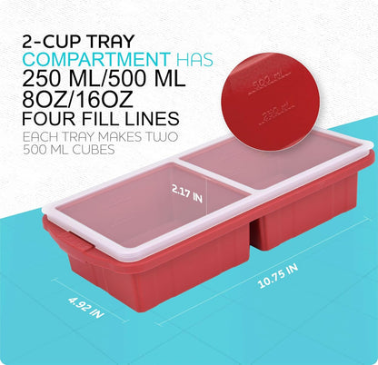 Silicone Freezer Tray With Lid - Soup Freezer Container molds - Large Ice Cube Tray- makes 8 perfect 1 cup portions cubes, 2-Pack Freezer Storage Food Soups & Meal Prep - Oven & Dishwasher -Safe