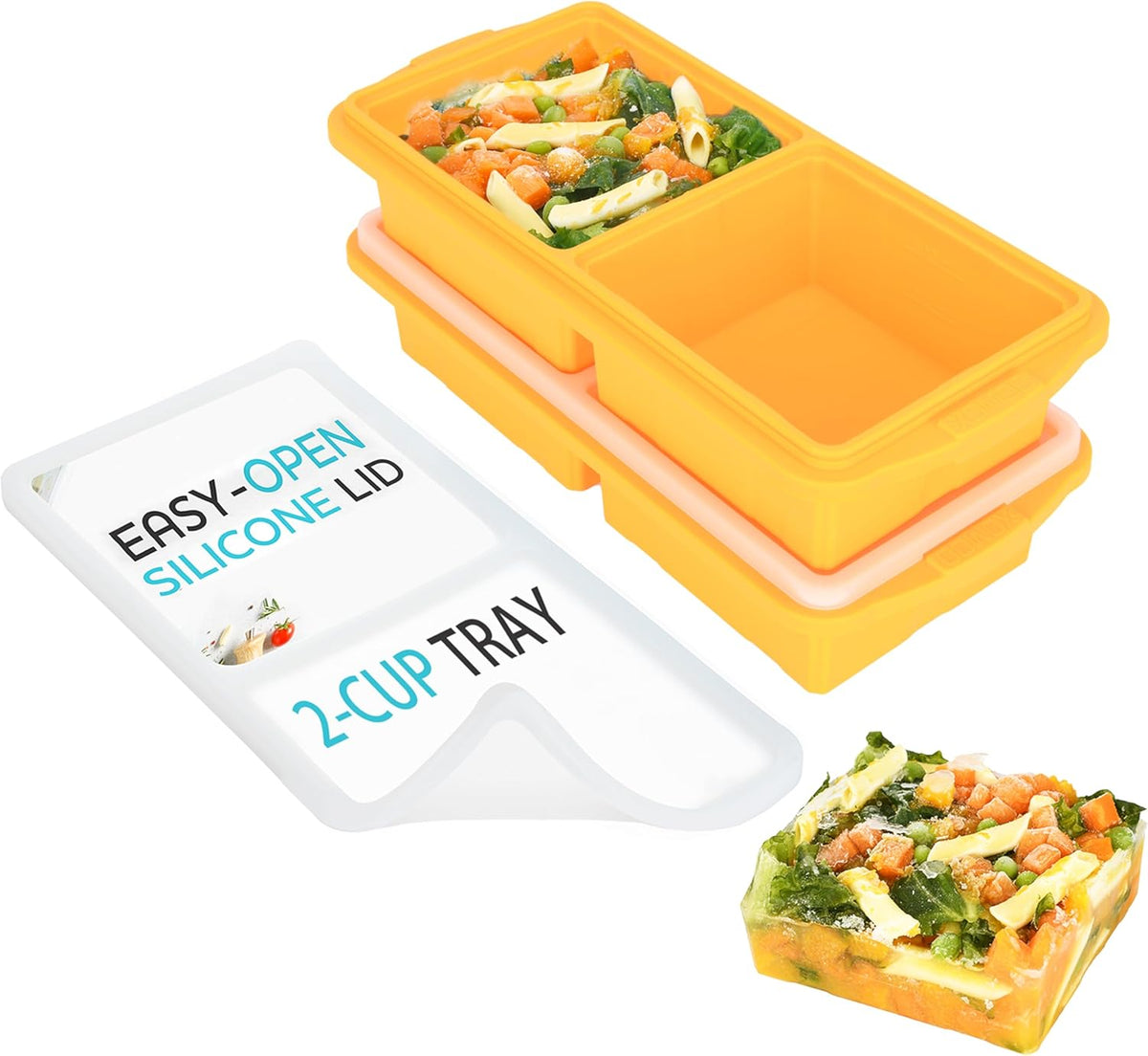 Silicone Freezer Tray With Lid - Soup Freezer Container molds - Large Ice Cube Tray- makes 8 perfect 1 cup portions cubes, 2-Pack Freezer Storage Food Soups & Meal Prep - Oven & Dishwasher -Safe