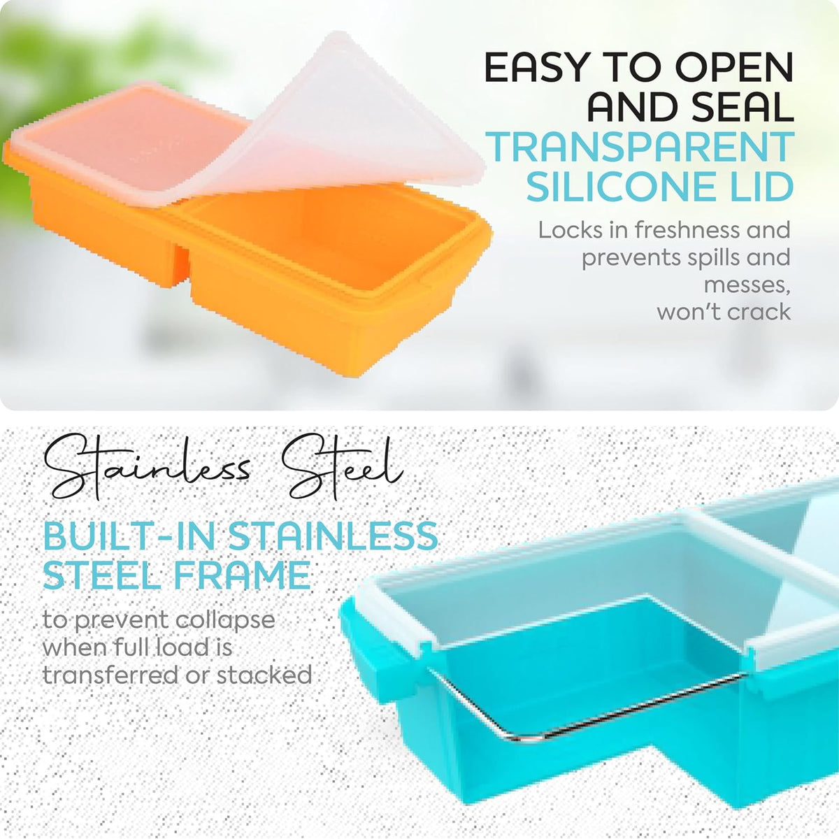 Silicone Freezer Tray With Lid - Soup Freezer Container molds - Large Ice Cube Tray- makes 8 perfect 1 cup portions cubes, 2-Pack Freezer Storage Food Soups & Meal Prep - Oven & Dishwasher -Safe