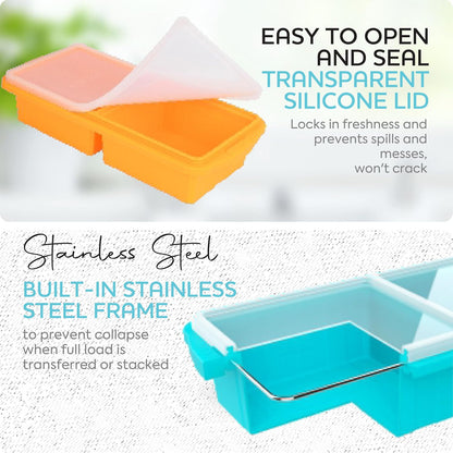 Silicone Freezer Tray With Lid - Soup Freezer Container molds - Large Ice Cube Tray- makes 8 perfect 1 cup portions cubes, 2-Pack Freezer Storage Food Soups & Meal Prep - Oven & Dishwasher -Safe