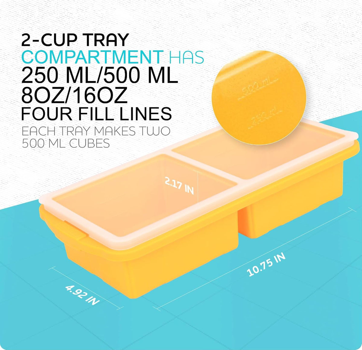 Silicone Freezer Tray With Lid - Soup Freezer Container molds - Large Ice Cube Tray- makes 8 perfect 1 cup portions cubes, 2-Pack Freezer Storage Food Soups & Meal Prep - Oven & Dishwasher -Safe