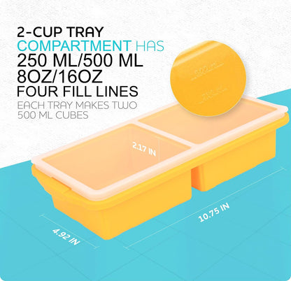 Silicone Freezer Tray With Lid - Soup Freezer Container molds - Large Ice Cube Tray- makes 8 perfect 1 cup portions cubes, 2-Pack Freezer Storage Food Soups & Meal Prep - Oven & Dishwasher -Safe