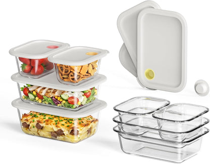 8 Pack Glass Food Storage Containers with Click-Together Lids, 143 oz Stackable Meal Prep Set, Modular Glass Storage for Snacks, Sandwiches, Overnight Oats, Leftovers & Fridge Organization