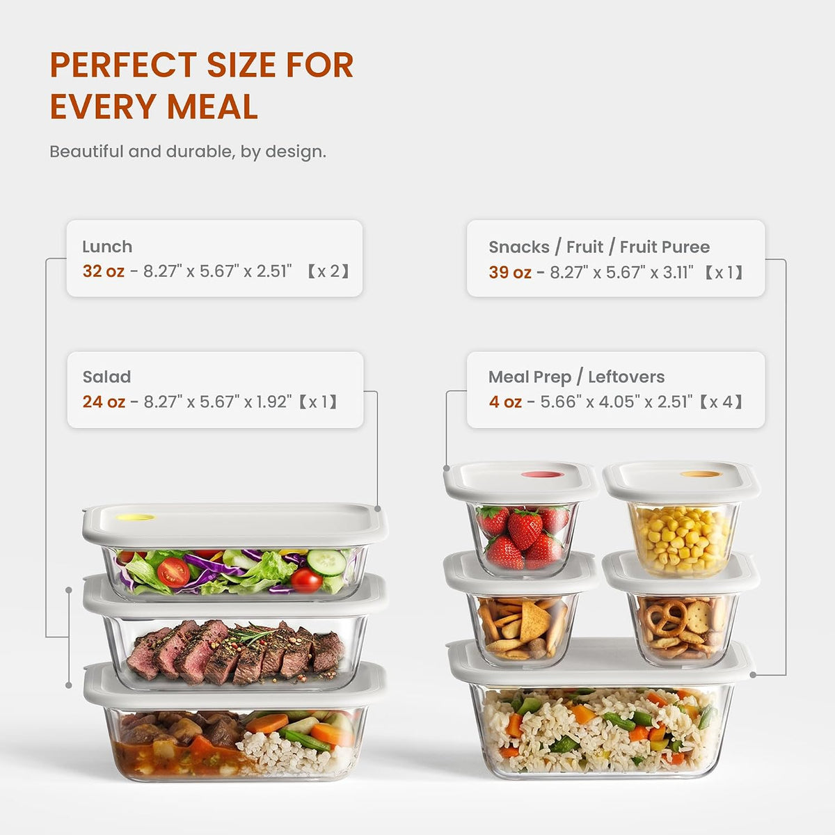 8 Pack Glass Food Storage Containers with Click-Together Lids, 143 oz Stackable Meal Prep Set, Modular Glass Storage for Snacks, Sandwiches, Overnight Oats, Leftovers & Fridge Organization
