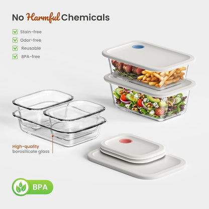8 Pack Glass Food Storage Containers with Click-Together Lids, 143 oz Stackable Meal Prep Set, Modular Glass Storage for Snacks, Sandwiches, Overnight Oats, Leftovers & Fridge Organization