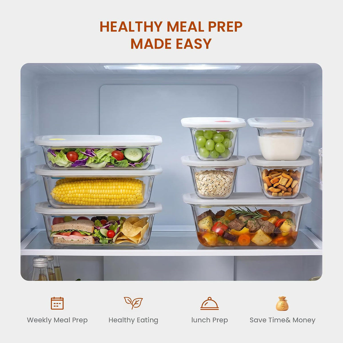 8 Pack Glass Food Storage Containers with Click-Together Lids, 143 oz Stackable Meal Prep Set, Modular Glass Storage for Snacks, Sandwiches, Overnight Oats, Leftovers & Fridge Organization