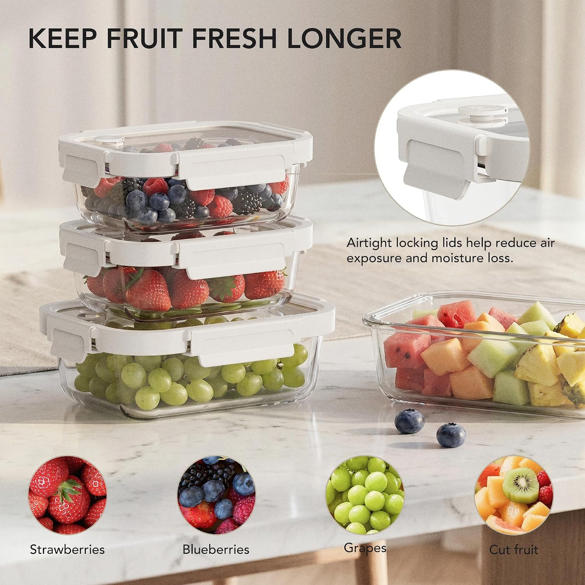 8 Pack Glass Food Storage Containers with Click-Together Lids, 143 oz Stackable Meal Prep Set, Modular Glass Storage for Snacks, Sandwiches, Overnight Oats, Leftovers & Fridge Organization