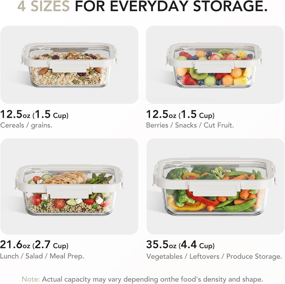 8 Pack Glass Food Storage Containers with Click-Together Lids, 143 oz Stackable Meal Prep Set, Modular Glass Storage for Snacks, Sandwiches, Overnight Oats, Leftovers & Fridge Organization
