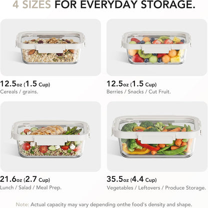 8 Pack Glass Food Storage Containers with Click-Together Lids, 143 oz Stackable Meal Prep Set, Modular Glass Storage for Snacks, Sandwiches, Overnight Oats, Leftovers & Fridge Organization