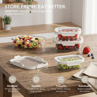 8 Pack Glass Food Storage Containers with Click-Together Lids, 143 oz Stackable Meal Prep Set, Modular Glass Storage for Snacks, Sandwiches, Overnight Oats, Leftovers & Fridge Organization