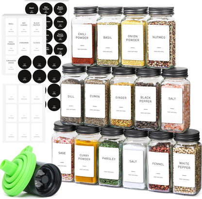 Glass Spice Jars with with Labels 4 oz 6 Pack Small Square | Empty Containers, Seasoning Herb Powder, Salt Pepper Chili, Spice Rack Organization, Kitchen Cabinet Storage, Funnel Included