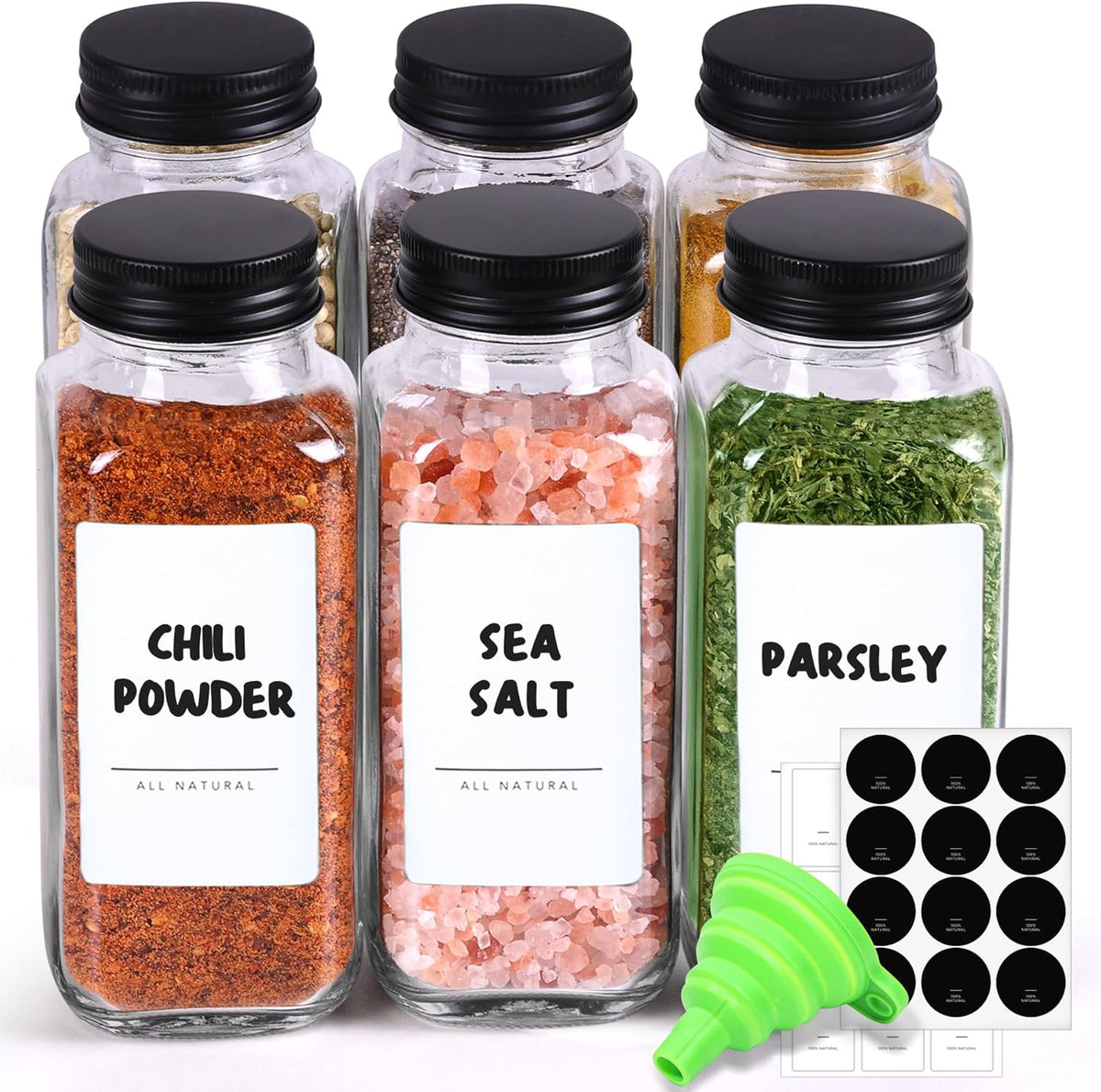 Glass Spice Jars with with Labels 4 oz 6 Pack Small Square | Empty Containers, Seasoning Herb Powder, Salt Pepper Chili, Spice Rack Organization, Kitchen Cabinet Storage, Funnel Included