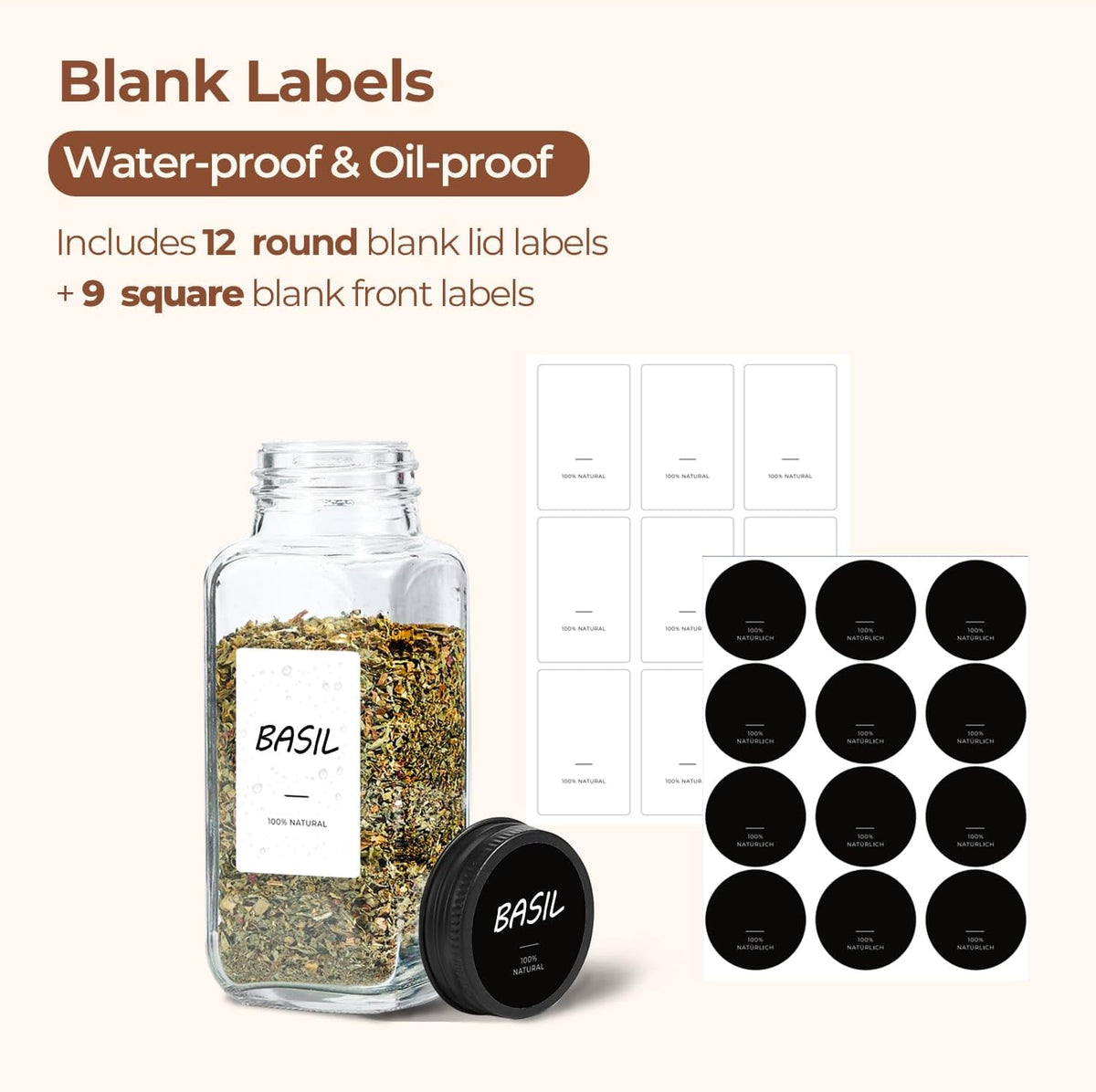 Glass Spice Jars with with Labels 4 oz 6 Pack Small Square | Empty Containers, Seasoning Herb Powder, Salt Pepper Chili, Spice Rack Organization, Kitchen Cabinet Storage, Funnel Included