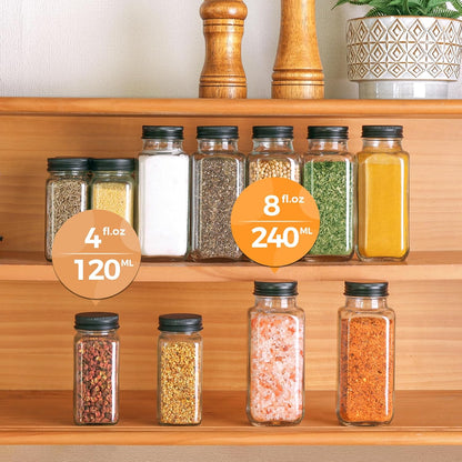 Glass Spice Jars with with Labels 4 oz 6 Pack Small Square | Empty Containers, Seasoning Herb Powder, Salt Pepper Chili, Spice Rack Organization, Kitchen Cabinet Storage, Funnel Included
