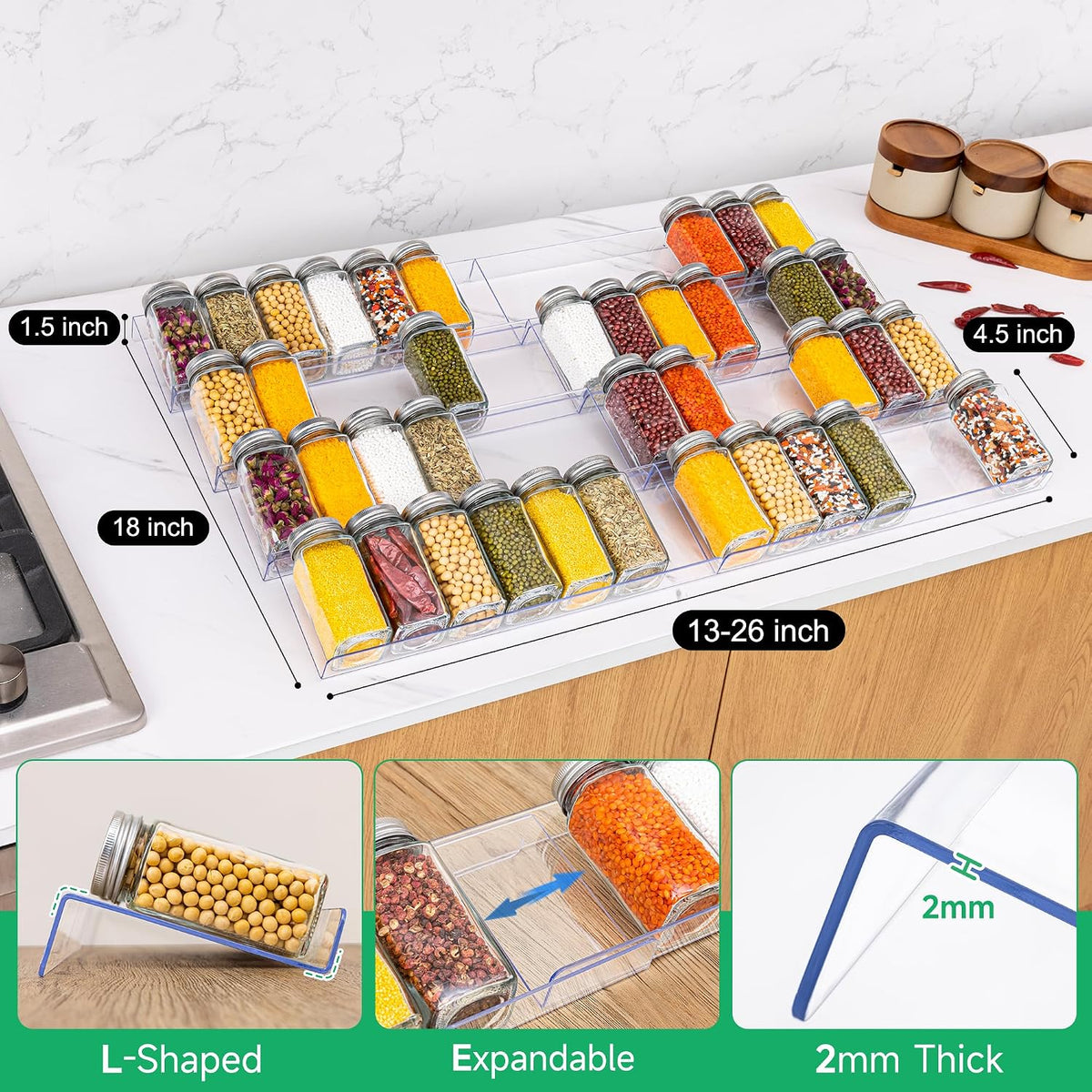 8 Pack Clear Spice Drawer Organizer, 4-Tier Expandable Acrylic Spice Rack (13"-26"), Kitchen Seasoning Storage Racks for Drawers and Countertop (Jars Not Included)