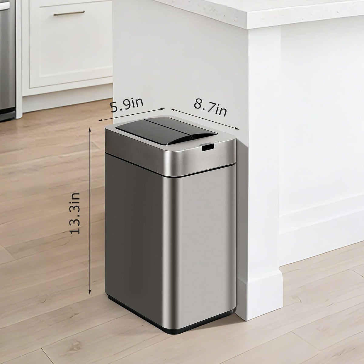 Slim Bathroom Trash Can, 2.6 Gallon, Butterfly Sensor Lid, Silver