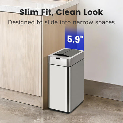 Slim Bathroom Trash Can, 2.6 Gallon, Butterfly Sensor Lid, Silver