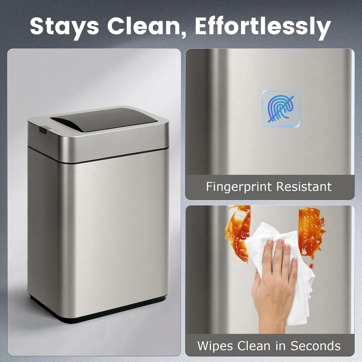 Slim Bathroom Trash Can, 2.6 Gallon, Butterfly Sensor Lid, Silver