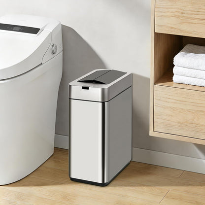 Slim Bathroom Trash Can, 2.6 Gallon, Butterfly Sensor Lid, Silver