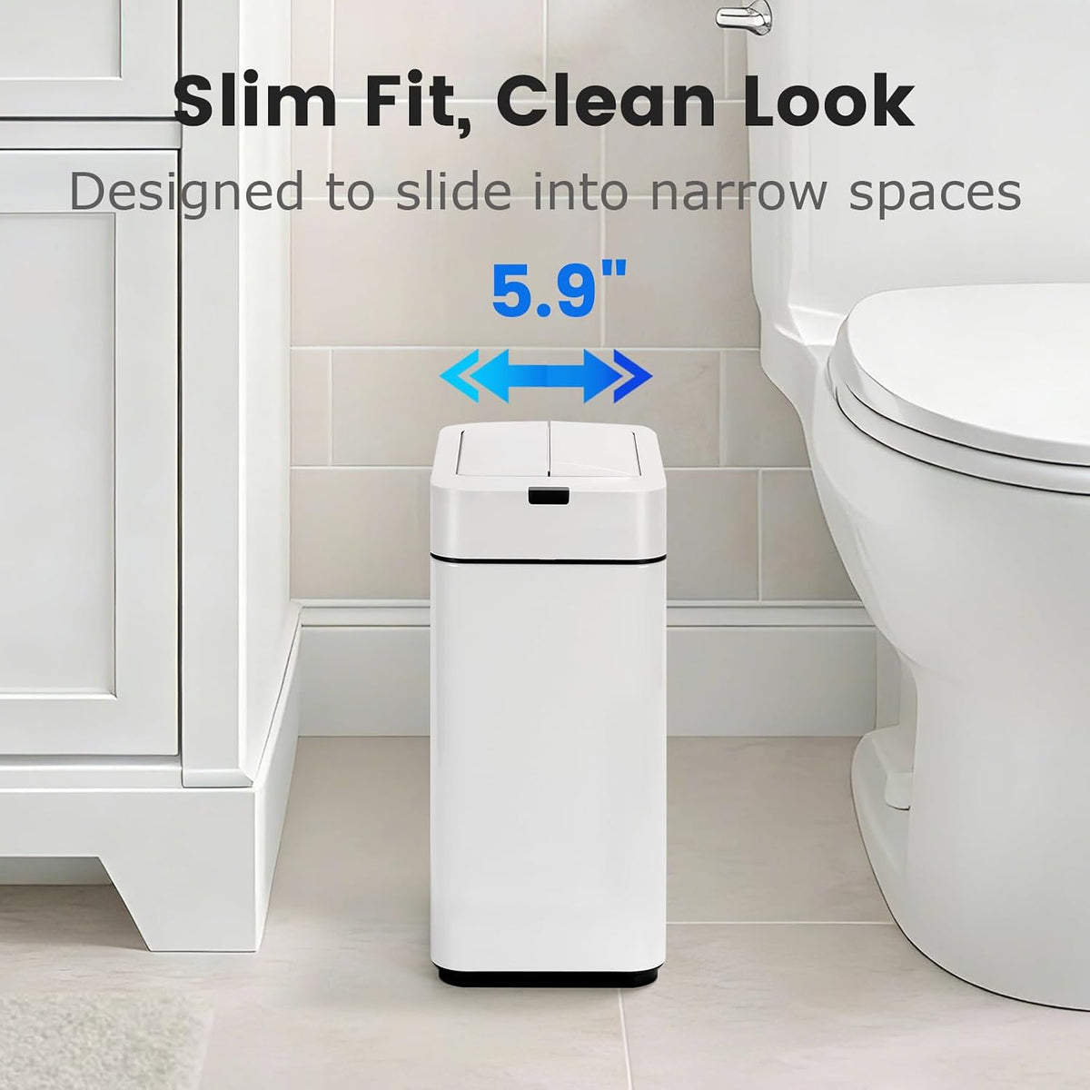 Slim Bathroom Trash Can, 2.6 Gallon, Butterfly Sensor Lid, Silver
