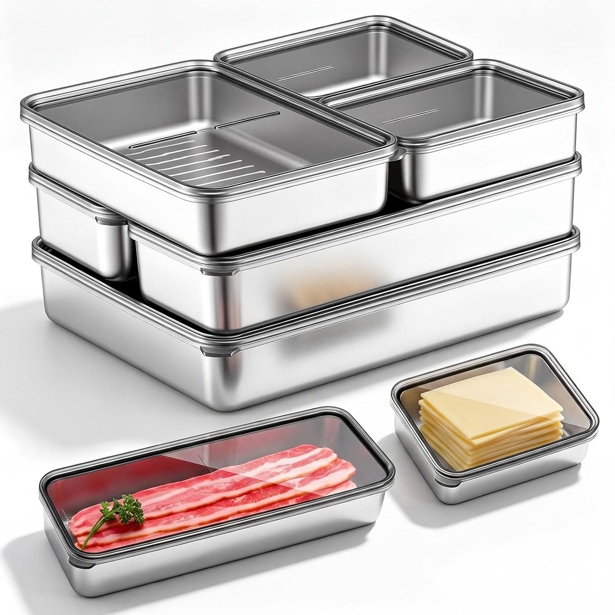 6 Pack Bacon Cheese Container for Refrigerator, 304 Stainless Steel Airtight Deli Meat Container, Dishwasher Safe Fridge Storage Fruit Lunch Storage with Lids for Fridge, 4 Sizes