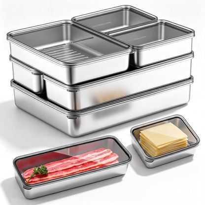 6 Pack Bacon Cheese Container for Refrigerator, 304 Stainless Steel Airtight Deli Meat Container, Dishwasher Safe Fridge Storage Fruit Lunch Storage with Lids for Fridge, 4 Sizes