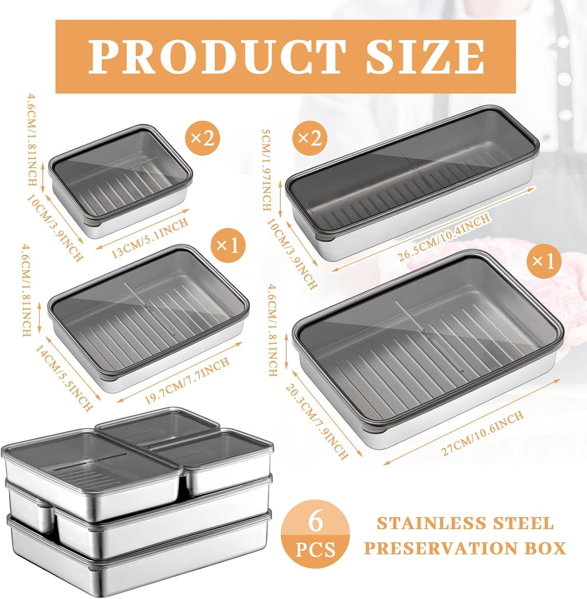 6 Pack Bacon Cheese Container for Refrigerator, 304 Stainless Steel Airtight Deli Meat Container, Dishwasher Safe Fridge Storage Fruit Lunch Storage with Lids for Fridge, 4 Sizes