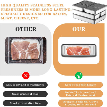 6 Pack Bacon Cheese Container for Refrigerator, 304 Stainless Steel Airtight Deli Meat Container, Dishwasher Safe Fridge Storage Fruit Lunch Storage with Lids for Fridge, 4 Sizes