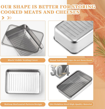 6 Pack Bacon Cheese Container for Refrigerator, 304 Stainless Steel Airtight Deli Meat Container, Dishwasher Safe Fridge Storage Fruit Lunch Storage with Lids for Fridge, 4 Sizes