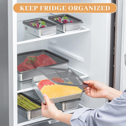 6 Pack Bacon Cheese Container for Refrigerator, 304 Stainless Steel Airtight Deli Meat Container, Dishwasher Safe Fridge Storage Fruit Lunch Storage with Lids for Fridge, 4 Sizes