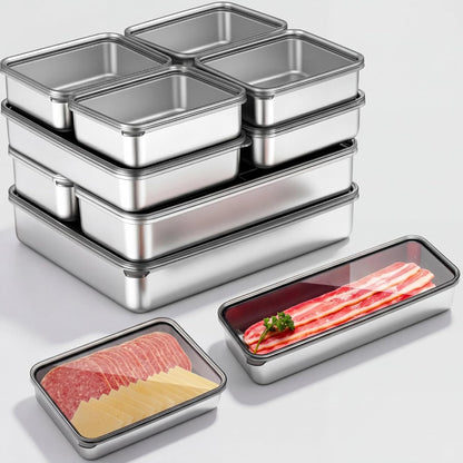 6 Pack Bacon Cheese Container for Refrigerator, 304 Stainless Steel Airtight Deli Meat Container, Dishwasher Safe Fridge Storage Fruit Lunch Storage with Lids for Fridge, 4 Sizes