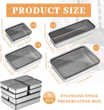 6 Pack Bacon Cheese Container for Refrigerator, 304 Stainless Steel Airtight Deli Meat Container, Dishwasher Safe Fridge Storage Fruit Lunch Storage with Lids for Fridge, 4 Sizes