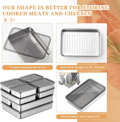 6 Pack Bacon Cheese Container for Refrigerator, 304 Stainless Steel Airtight Deli Meat Container, Dishwasher Safe Fridge Storage Fruit Lunch Storage with Lids for Fridge, 4 Sizes