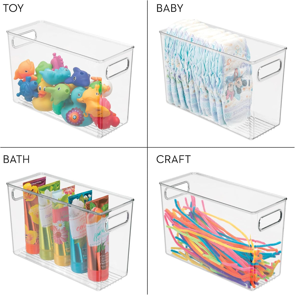 Tall Plastic Storage Bin with Handles, Set of 4, Clear | For Fridge or Freezer, Made in USA