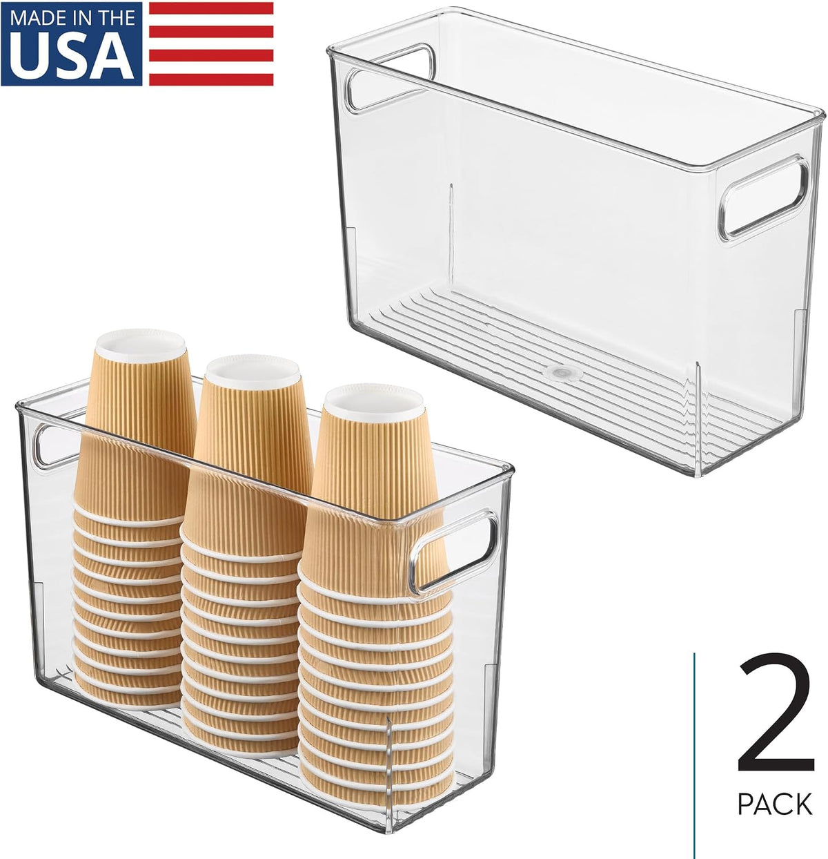 Tall Plastic Storage Bin with Handles, Set of 4, Clear | For Fridge or Freezer, Made in USA