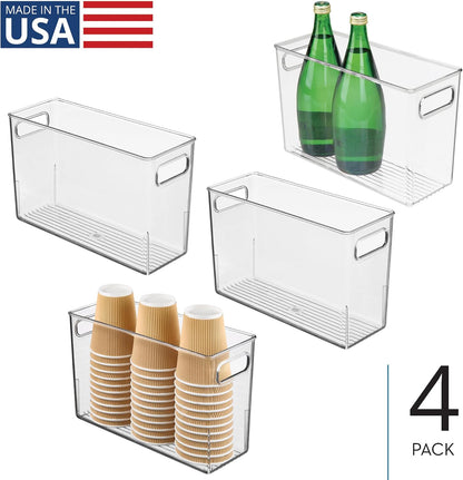 Tall Plastic Storage Bin with Handles, Set of 4, Clear | For Fridge or Freezer, Made in USA