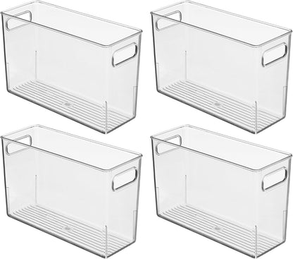 Tall Plastic Storage Bin with Handles, Set of 4, Clear | For Fridge or Freezer, Made in USA
