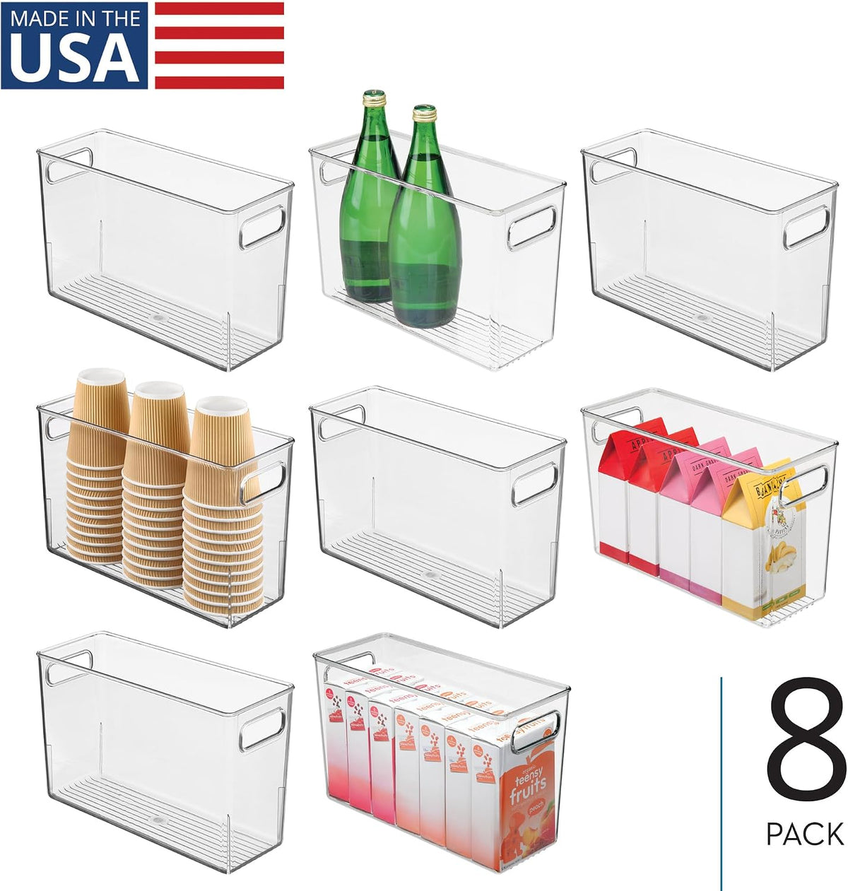 Tall Plastic Storage Bin with Handles, Set of 4, Clear | For Fridge or Freezer, Made in USA