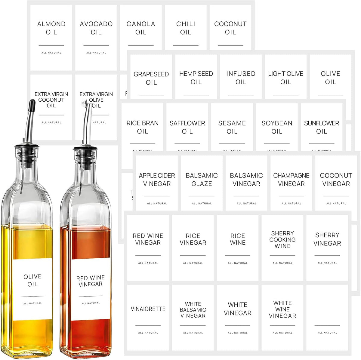 Oil and Vinegar Labels for Bottles,50 Pantry Labels for Vinegar & Oil Dispenser Bottles,Olive Oil Bottle Jar Labels Stickers, Kitchen Condiment Labels Set