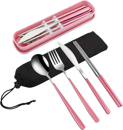 4-Piece Portable Travel Utensils Set with Case 18/8 Stainless Steel Flatware Set Reusable Cutlery Set with Fork Spoon Knife Chopstick for Lunch Travel Camping School Work Picnic (Pink)